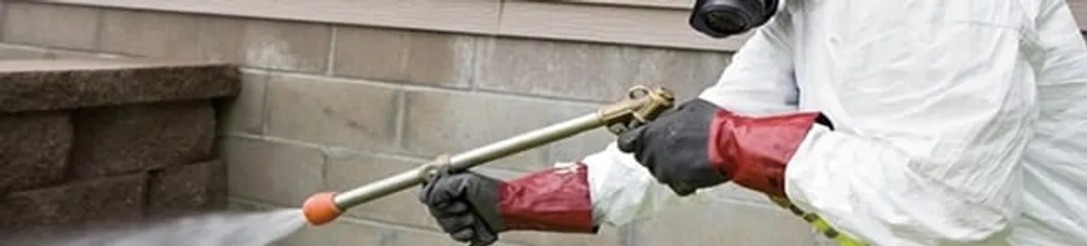 Pest control technician applying exterior insect treatment along a home foundation in Staten Island, NY