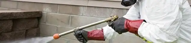 Pest control technician applying exterior insect treatment along a home foundation in Staten Island, NY