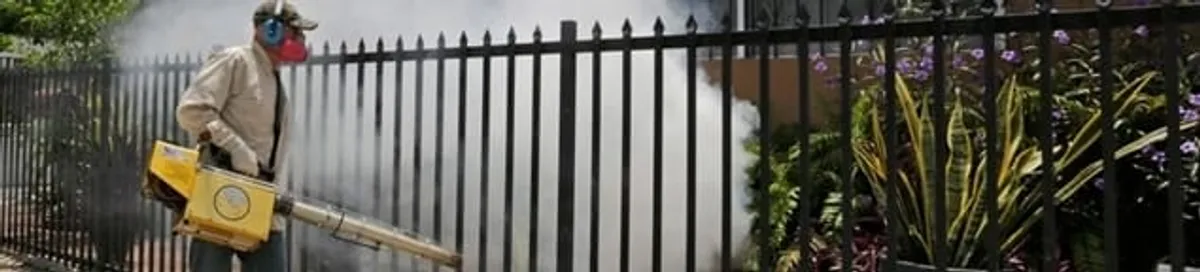 Mosquito control technician fogging a yard perimeter for mosquito reduction in Staten Island, NY
